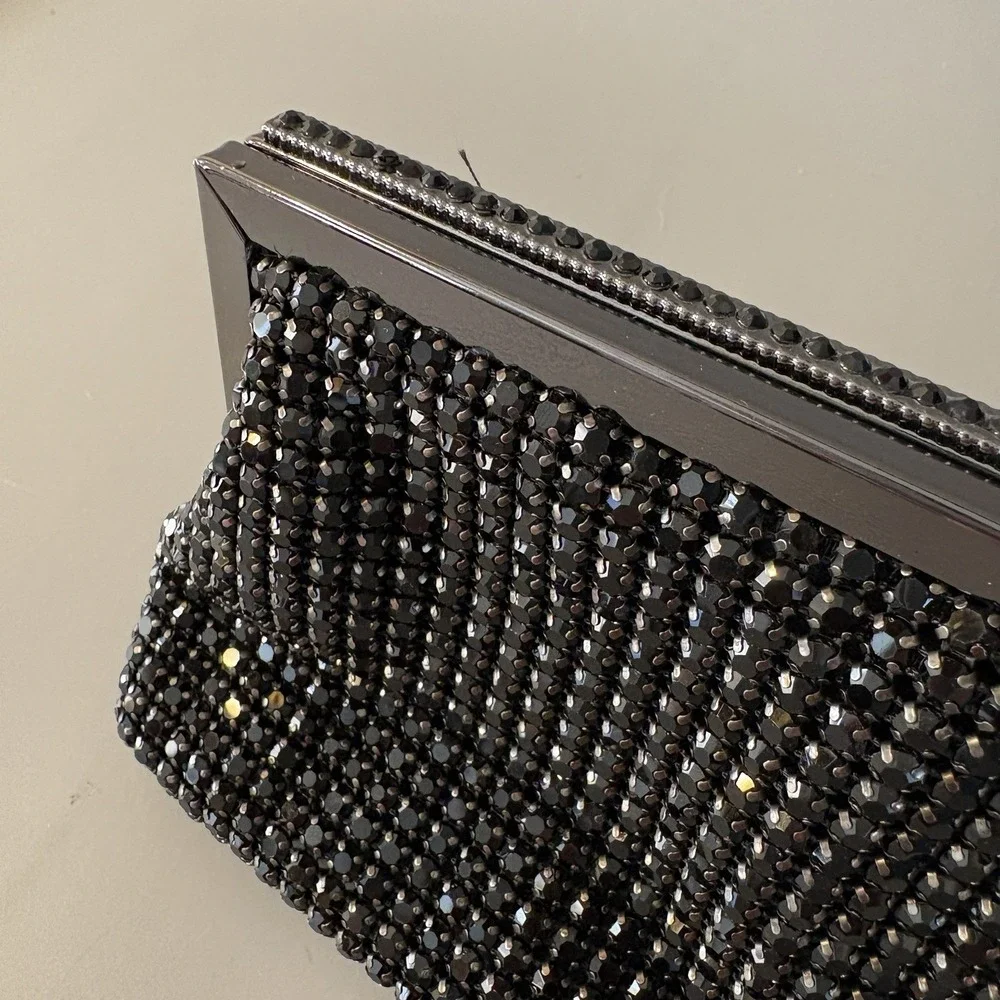 NEW Natasha Crystal Evening Purse Clutch Black Convertible Prong Set Stones
